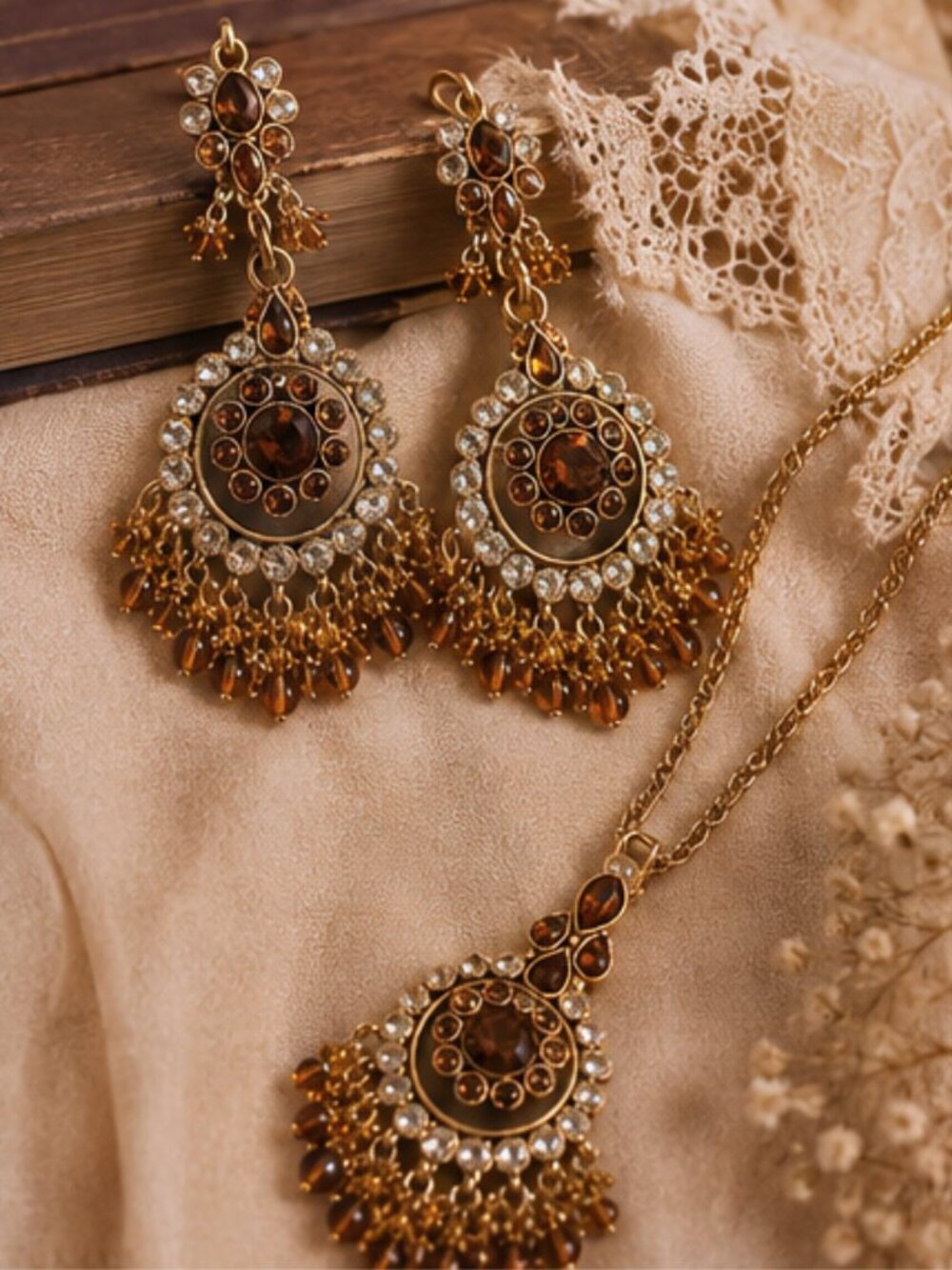 Gold-Tone & Amber Rhinestone Chandelier Earring + Pendant Set